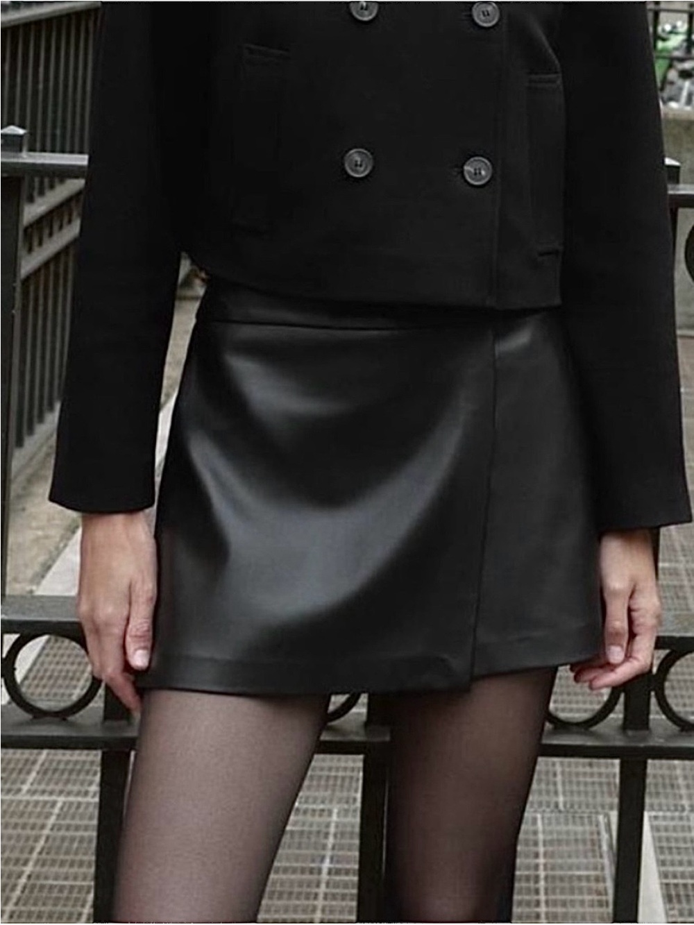 Zara vegan leather High-waisted black split skirt with overlap detail.